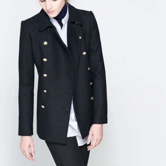 [L]Zara Double Breasted Military Style Wool Blend Pea Coat Blazer in Black - Picture 1 of 14